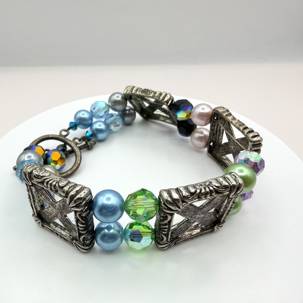 Vintage Silver Tone Chunky Beaded Bracelet Boho Multi Color Faux Pearl